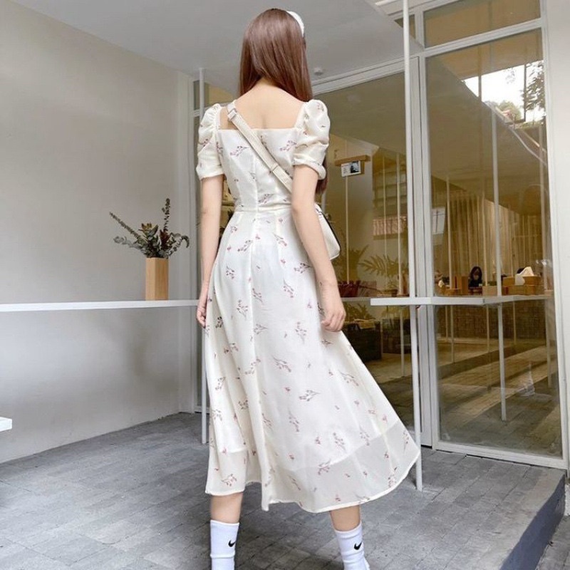 Váy xẻ tà tiểu thư - Đầm hoa nhí cộc tay