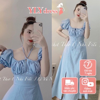 Váy đầm nữ cộc tay dáng maxi đũi xước xanh dương xẻ tà chun lưng đi biển freesize dáng A nhún ngực cut out C929