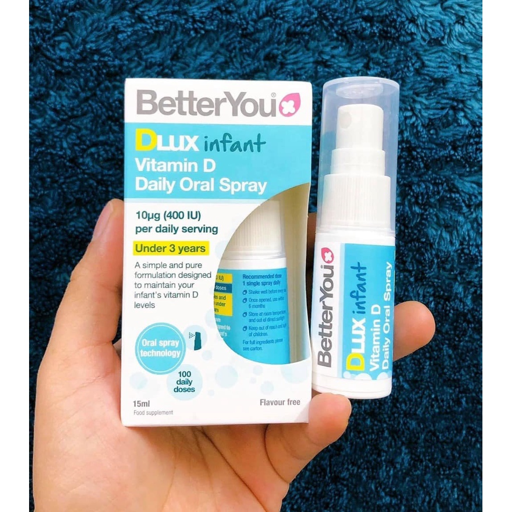 Vitamin D3 dạng xịt Dlux infant Better You 15ml Anh Quốc giúp phát triển hệ xương răng khoẻ mạnh
