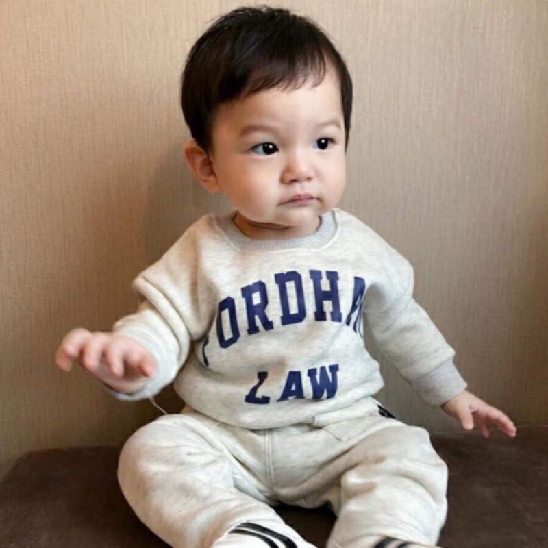 Set bộ bé trai H&M KIDS xuất xịn thun nỉ cotton lót bông cổ tròn tay dài in chữ Fordham xanh dương, xám