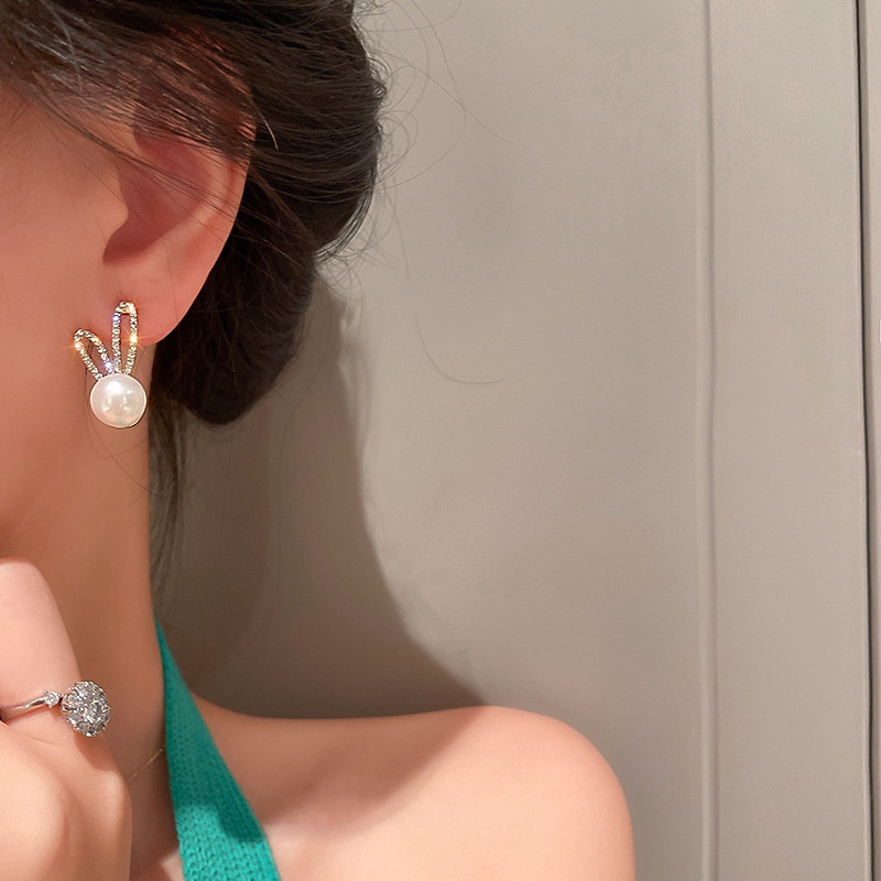 Đôi bông tai mạ bạc 925 hình thỏ đính ngọc trai giả kiểu hàn quốc