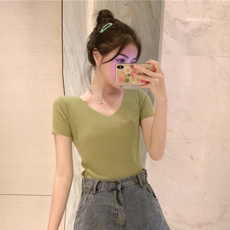 Áo cổ tim ôm body chất len tăm tay ngắn nhiều màu ulzzang Hàn Quốc A04 - Peyy Clothing | BigBuy360 - bigbuy360.vn