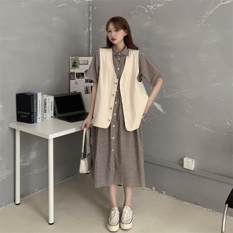 Set Đầm Sơ Mi Sọc Ca Rô + Áo Khoác Cardigan Không Tay Phong Cách Retro Hàn Quốc  váy | BigBuy360 - bigbuy360.vn