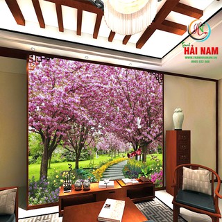 Tranh dán tường 3D Hoa anh đào con đường vải lụa phủ kim sa