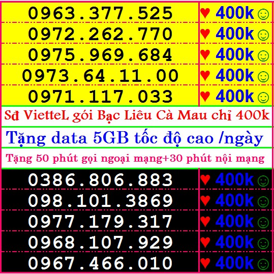 Sim Đẹp Viettel GIÁ 400k GÓI BẠC LIÊU CÀ MAU Miễn phí GỌI + Data tốc độ cao ( xem chi tiết Sp)