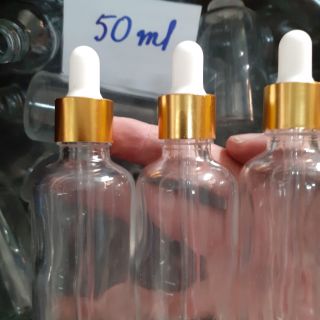 Combo 50 chai thủy tinh 50ml trắng trong, dạng bóp đầu nhỏ giọt, đầu bóp trắng, khoen vàng, dùng để sang chiết mỹ phẩm.