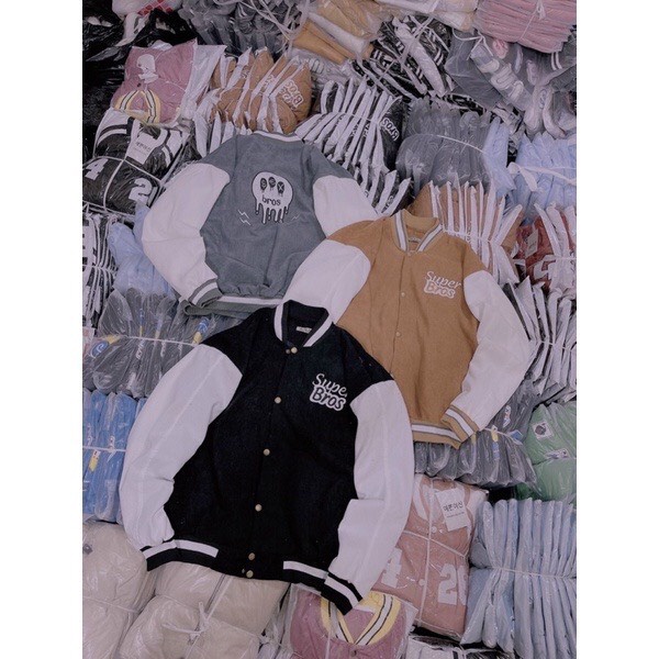 Áo Khoác Bomber Jacket Nhung Gân Tăm Thêu SUPER BROS Varsity Basic Form Rộng Nam Nữ Unisex Ulzzang NUPAKACHI