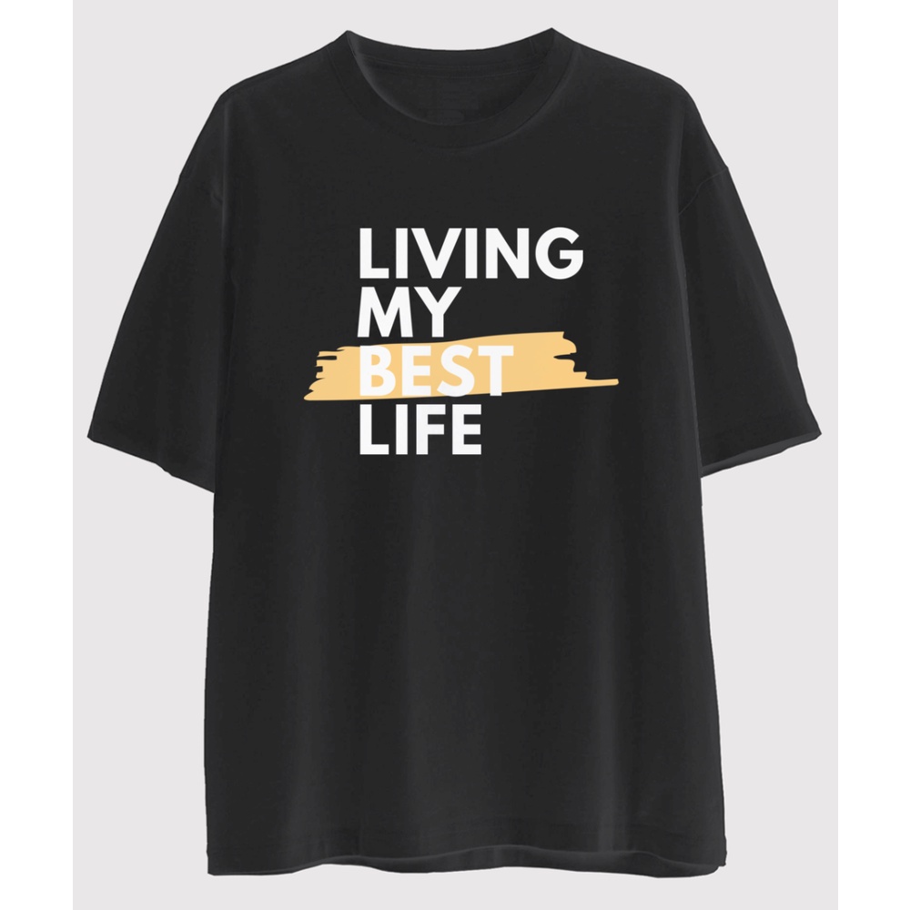 Áo thun oversized "Living my best life" - Áo thun đen cổ tròn form rộng, áo thun unisex màu đen co giãn - OV036 - Đen