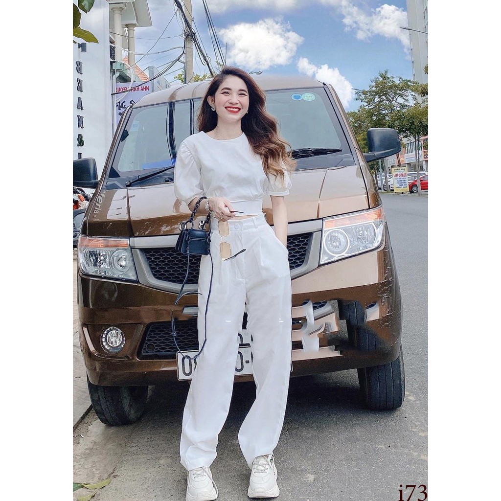 Set áo crop top tay bồng quần jogger siêu đẹp (màu trắng)