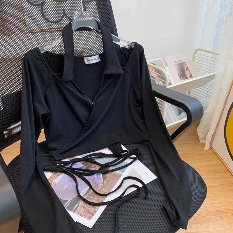 Áo croptop hở vai tay dài đan dây sexy