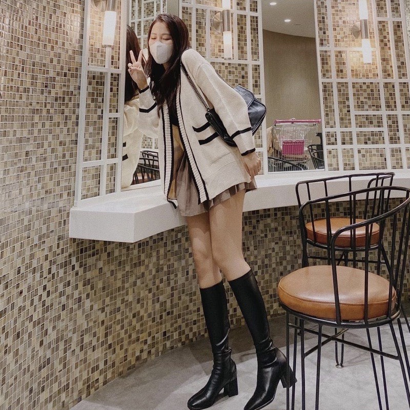 Áo khoác cardigan len kẻ viền hàng Quảng Châu, áo khoác cardigan không nút