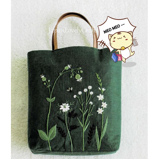 DIY Bộ kit nguyên liệu túi thêu TOTE/ TÚI SÁCH hoa lá vintage tự thêu đầy đủ handmade MEO SHOP