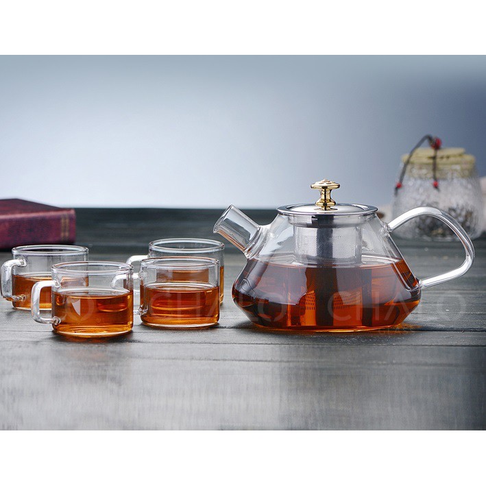 Bình trà thủy tinh chịu nhiệt dáng bầu nắp và lọc trà inox 1000ml - GPH21