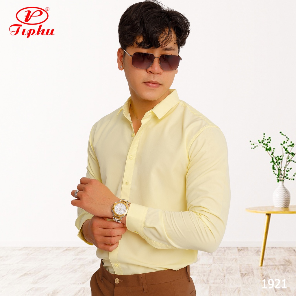 Áo sơ mi nam màu vàng pastel, thương hiệu cao cấp Amazing, dáng body slim fit không túi, style Hàn Quốc trẻ trung