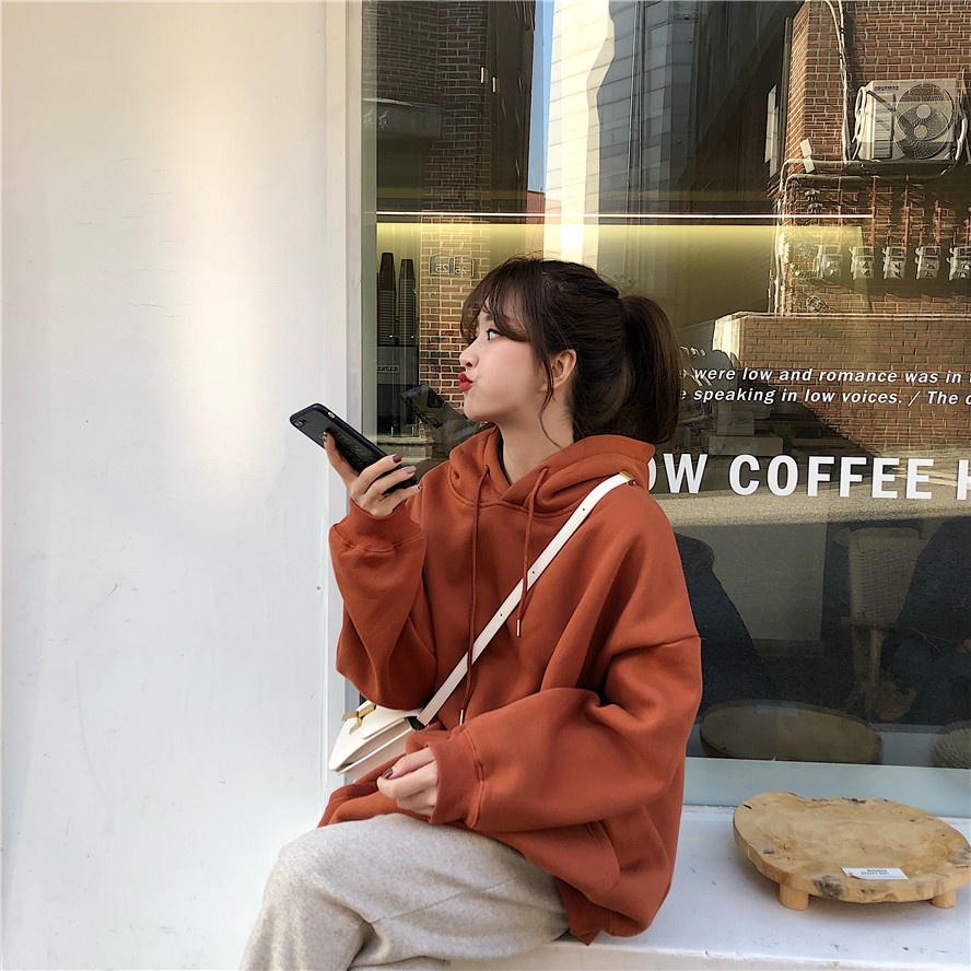 Áo hoodie dài tay dáng rộng màu trơn phong cách Hàn Quốc cho nữ
