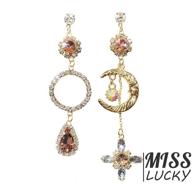 ❤HHN-VN  Asymmetric European and American-Style Fashion Moon Diamond Set Earrings Debutante Elegant