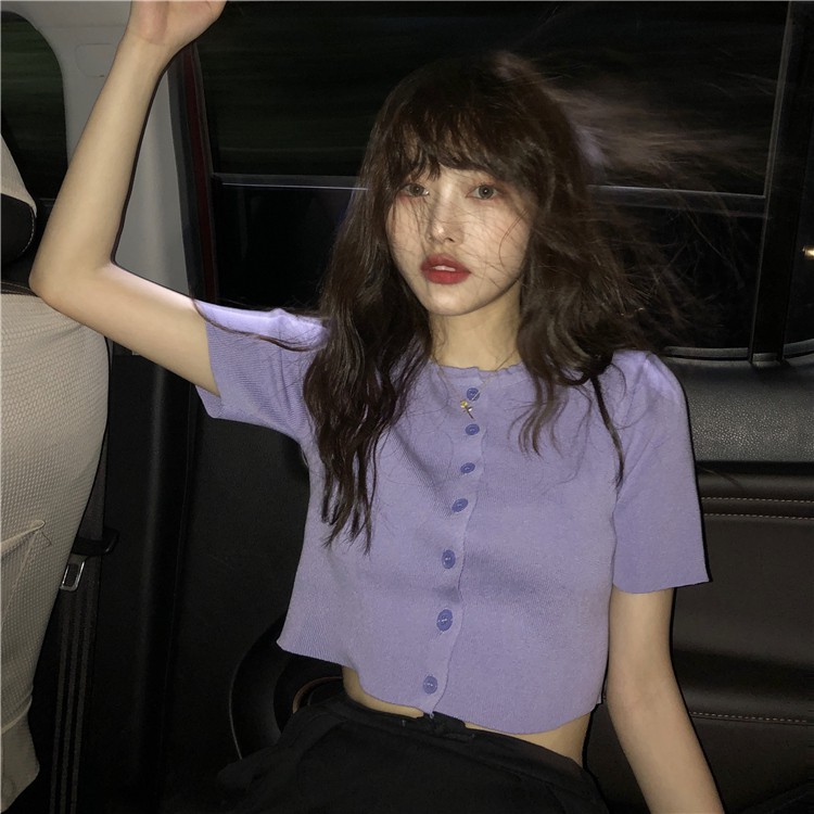 「HOME5」 Áo len croptop AimeiBeauty tay ngắn trẻ trung