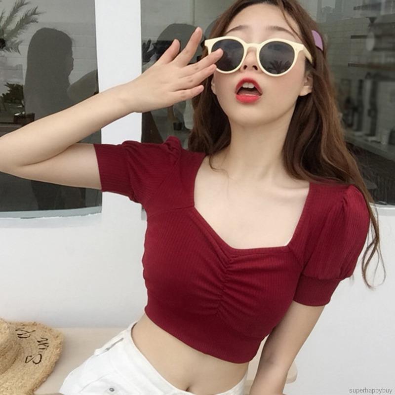 Áo Croptop Tay Ngắn Cổ Vuông Thiết Kế Màu Trơn Thanh Lịch