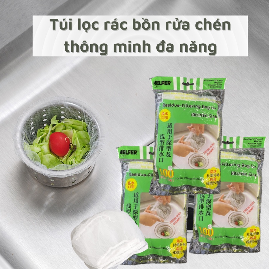 Túi lọc rác bồn rửa chén Huy Tưởng số lượng 100 cái, túi lọc rác bồn chén tái sử dụng nhiều lần