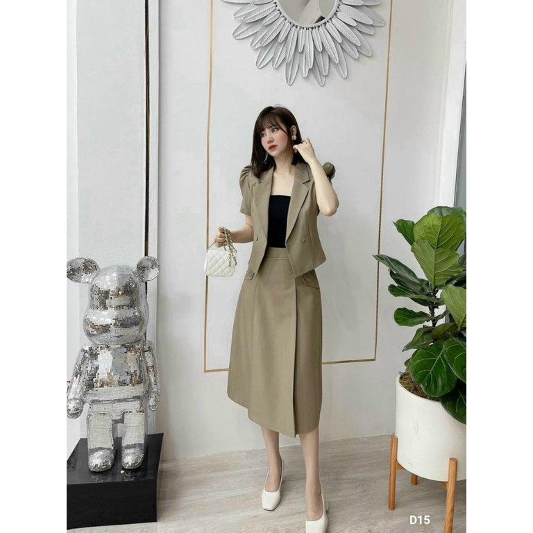 MẪU THỜI TRANG CÔNG SỞ - SÉT TUYẾT MƯA LÓT COTTON ÁO BLASER TAY NGẮN VUÔNG VAI PHỐI VÁY DÀI CỰC TRANG TRỌNG LỊCH SỰ UP