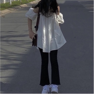 Quần jeans loe co dãn rách gối cạp cao