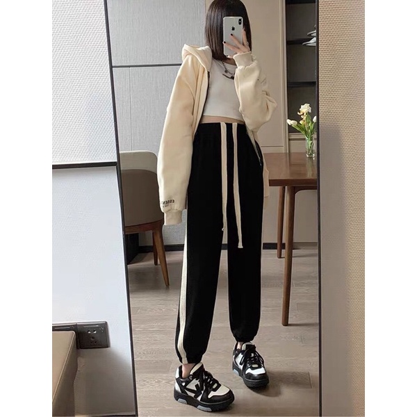 Quần Jogger nữ bo gấu phối sọc có dây rút nỉ tăm loại 1, Quần nỉ tăm nữ sọc viền có dây rút bo gấu KK31