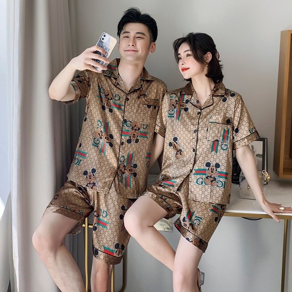Bộ Đồ Ngủ Lụa Satin Tay Ngắn Plus Size M-5XL Phong Cách Hàn Quốc Dành Cho Nam Và Nữ