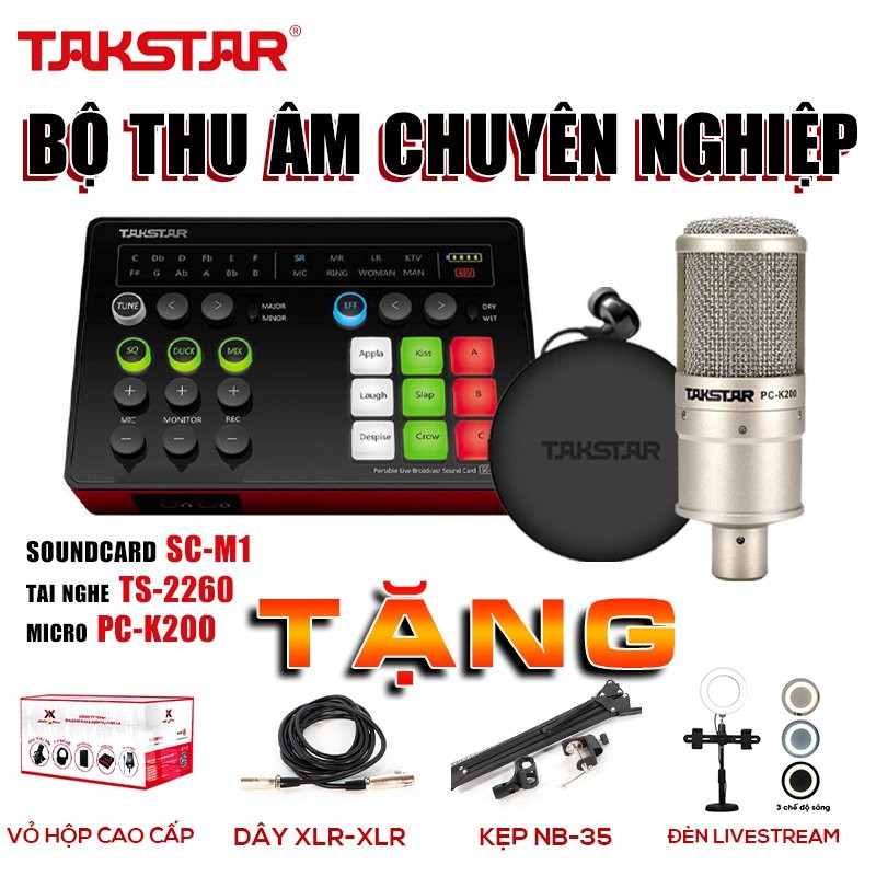 Trọn bộ combo thu âm, livestream: SOUNDCARD SC-M1, MIC PC-200 và TAI NGHE TS2260, kep mic NB35, bảo hành 12 tháng