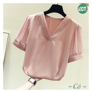 Áo sơ mi cổ tim chạy chỉ viền - a1071