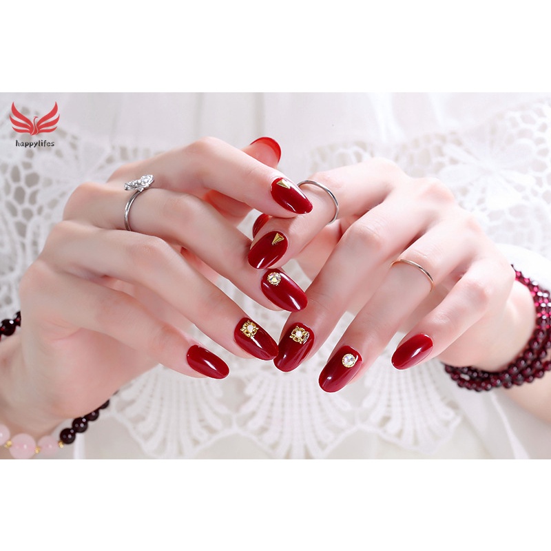 Bộ 24 Móng Tay Giả Đính Đá Màu Đỏ Phủ Toàn Diện Thời Trang Cho Nữ