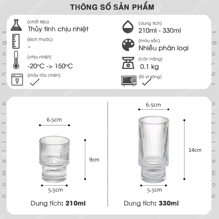 Ly, cốc thủy tinh uống nước & cà phê, kiểu dáng tròn có vân sọc dọc sang trọng