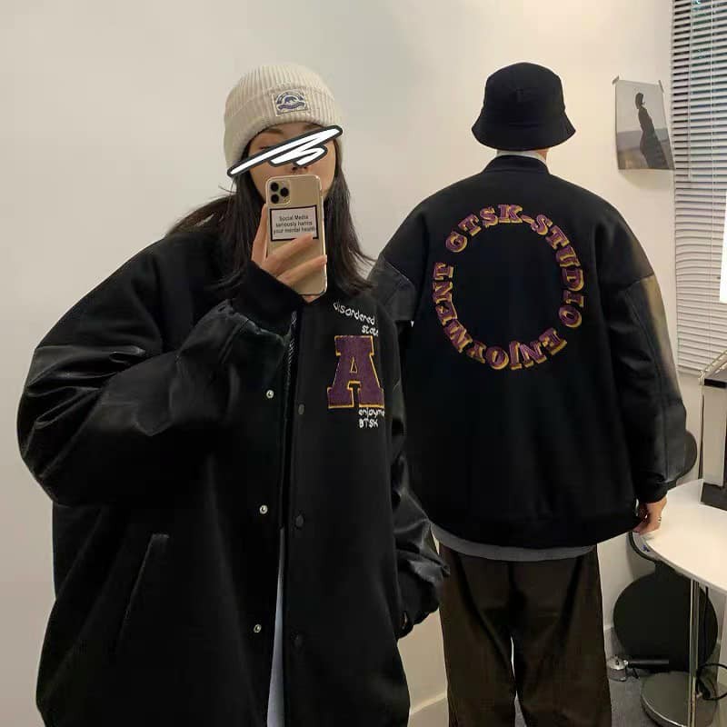 ÁO BOMBER KAKI TAY PHỐI DA CHỮ THÊU VÒNG TRÒN SAU FROM UNISEX NAM NỮ STYLE ULZZANG - GIN STORE | BigBuy360 - bigbuy360.vn