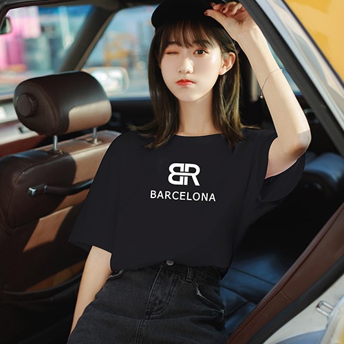 Black loose large size short-sleeved t-shirt women spring and summer new bf wind Korean version of printed cotton bottoms missing women's clothing