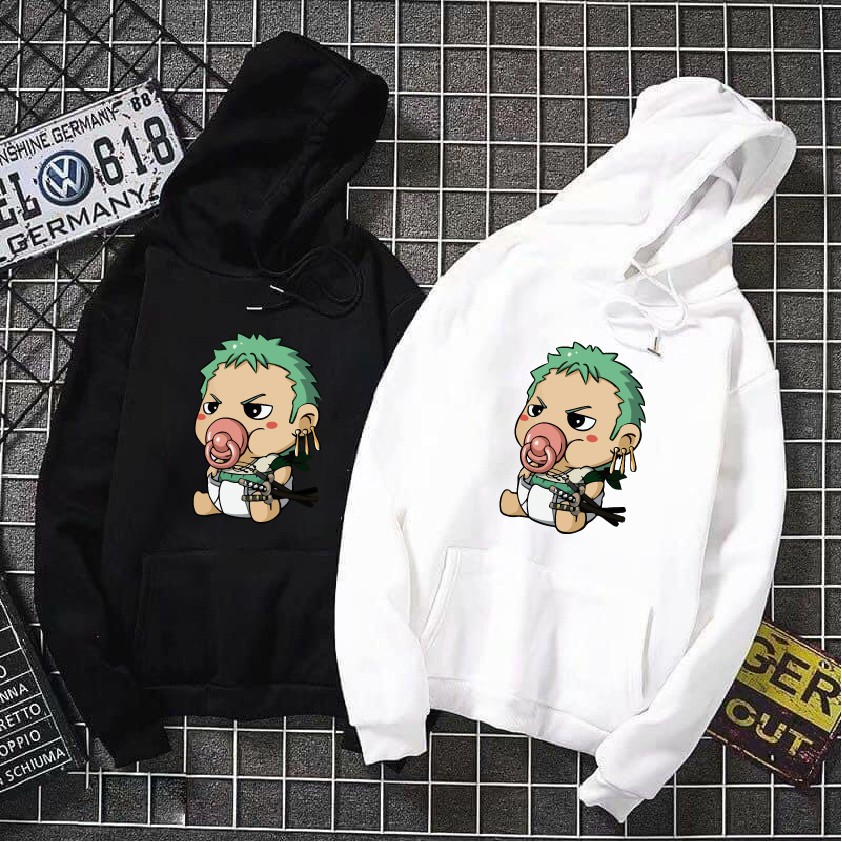 [Siêu ấm] Áo nỉ hoodie thu đông one piece zoro form suông rộng có mũ unisex cho nam nữ, màu trắng, đen, xanh