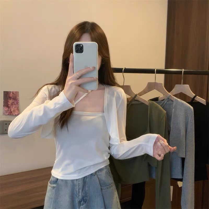 Sét áo dây đan chéo + cardigan khoác siêu xinh cổ vuông - hàng có sẵn