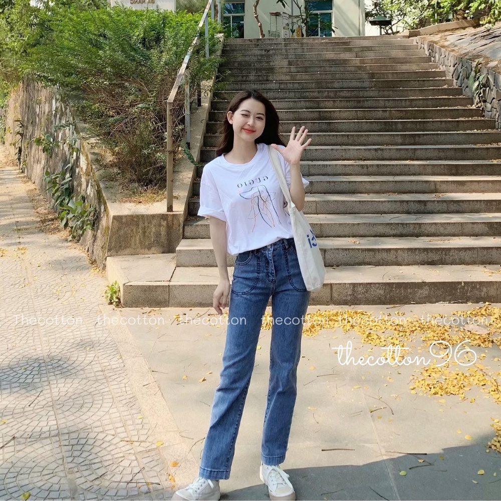 Quần Jeans Ống Đứng Túi Lộ The Cotton Quần Bò Co Giãn Cạp Cao