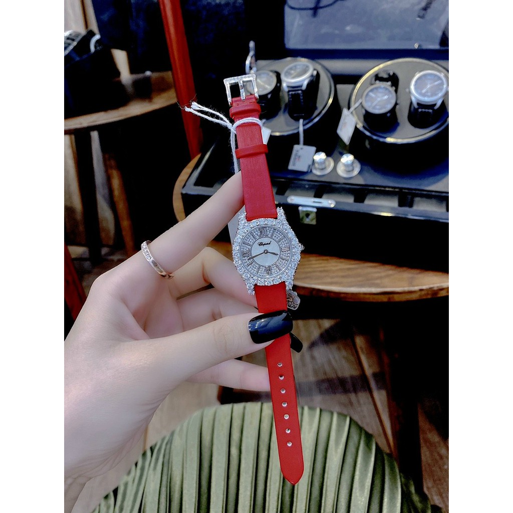 Đồng hồ nữ chính hãng, đồng hồ đeo tay authentic CHOPARD full box, mặt tròn, dây da, đính kim cương nhân tạo Swarovski