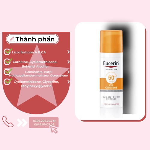 Kem chống nắng Eucerin, KCN cho da nhờn mụn Eucerin Sun Gel-Cream Dry Touch Oil Control SPF50+ 50ml KCN1462