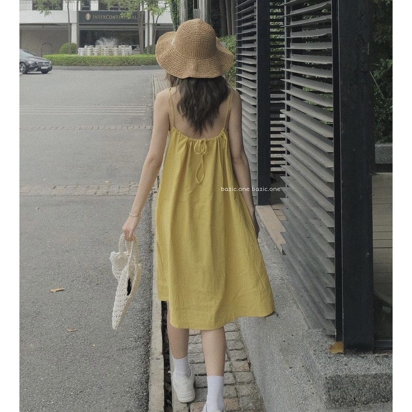 Váy 2 dây maxi chất đũi đi biển rút dây lưng điều chỉnh
