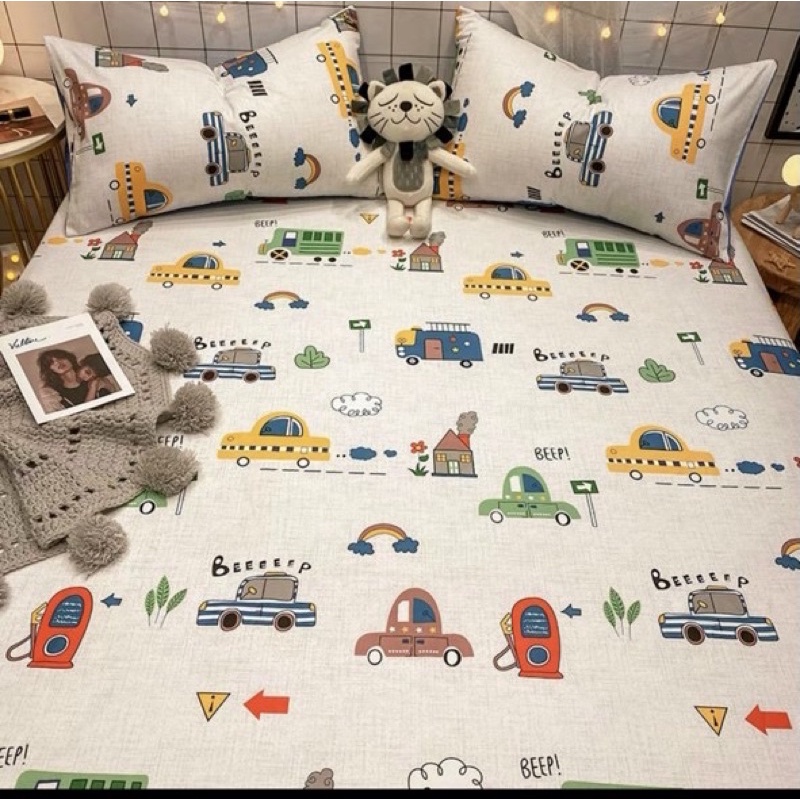 Bộ Ga Gối 3 Món Cotton 100% - Ô Tô Nhỏ