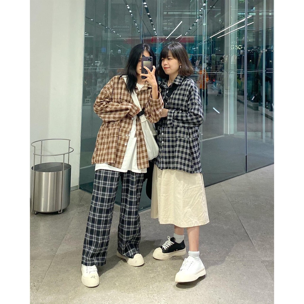 Áo Sơ Mi Kẻ Tay Bồng 2 Màu PEONYB Nữ [FREESHIP] 🌸 Thun kiểu dài tay form rộng oversize sọc ĐEN | NÂU Ulzzang HOT 🌸 | BigBuy360 - bigbuy360.vn