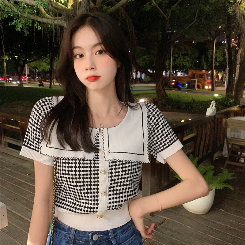 【Hana and Alice】Áo Sweater Tay Ngắn Cổ Thủy Thủ Dáng Rộng Phong Cách Hàn Quốc Thời Trang Mùa Hè 2023 Mới Cho Nữ