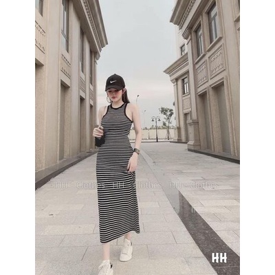 Váy đầm ba lỗ sát nách kẻ cổ tròn