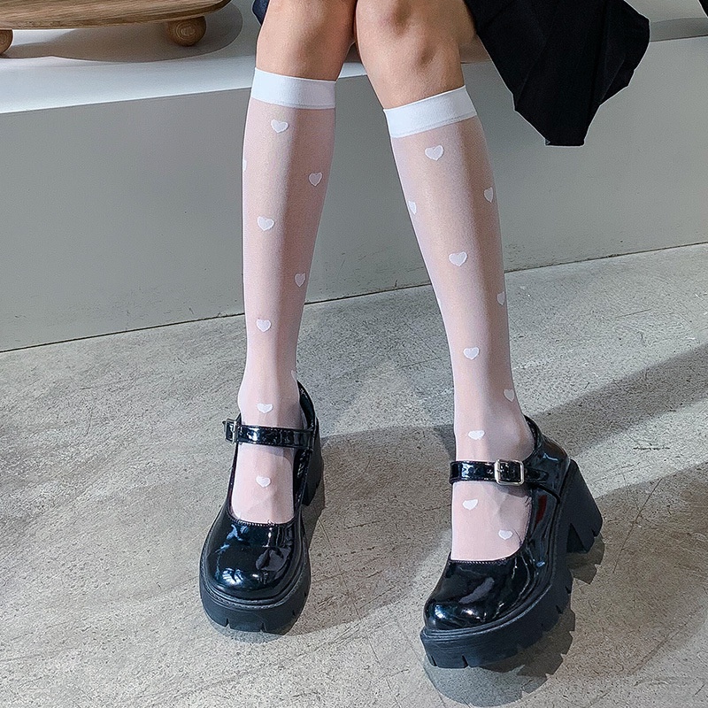 Vớ Dài Qua Gối Vải Nylon Siêu Mỏng Thoáng Khí Họa Tiết Chấm Bi Phong Cách Lolita