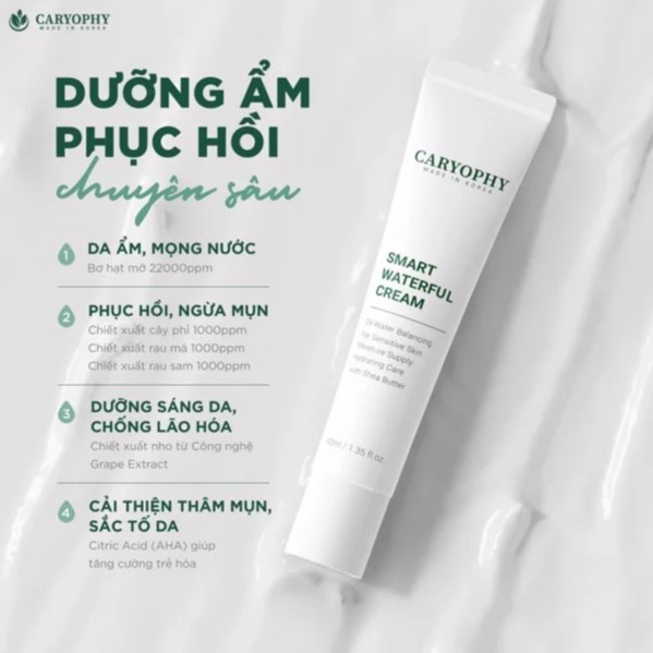 Kem dưỡng ẩm cấp nước và phục hồi da mụn Caryophy Smart Waterful Cream