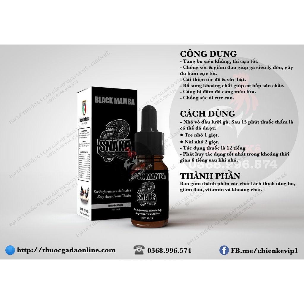 Thuốc gà đá BLACK MAMBA - Chính hãng MEXICO - Tăng bo, tải cựa, chống ói, lỳ đòn - Chiết lẻ 1cc