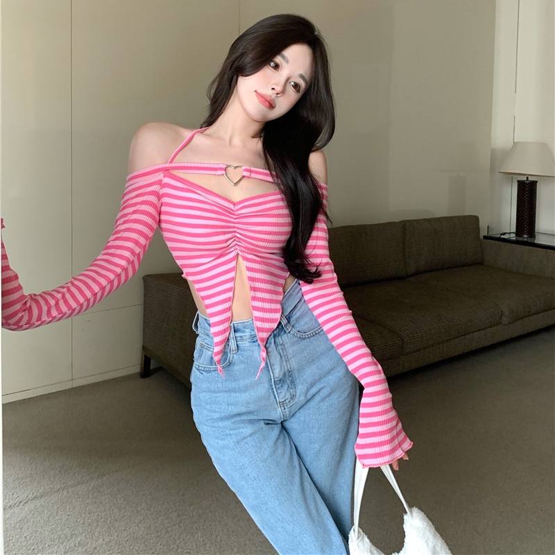 Áo Thun Nữ Tay Dài Dáng Ôm Kẻ Sọc Ngang Trẻ Trung