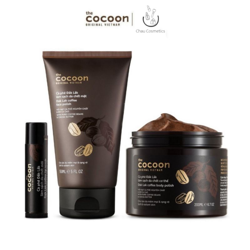 Combo tẩy tế bào chết cà phê Cocoon Đắk Lắk làm sạch da body, mặt và môi