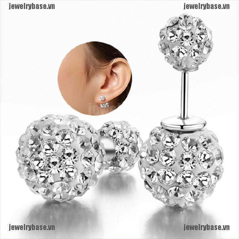[Base] Fashion Womens 925 sterling Silver Double Crystal Ball Ear stud Earrings Jewelry [VN]
