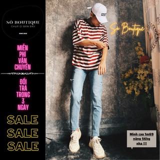 Áo thun tay lỡ sọc kẻ ngang màu đỏ, áo cotton unisex,Sò_store